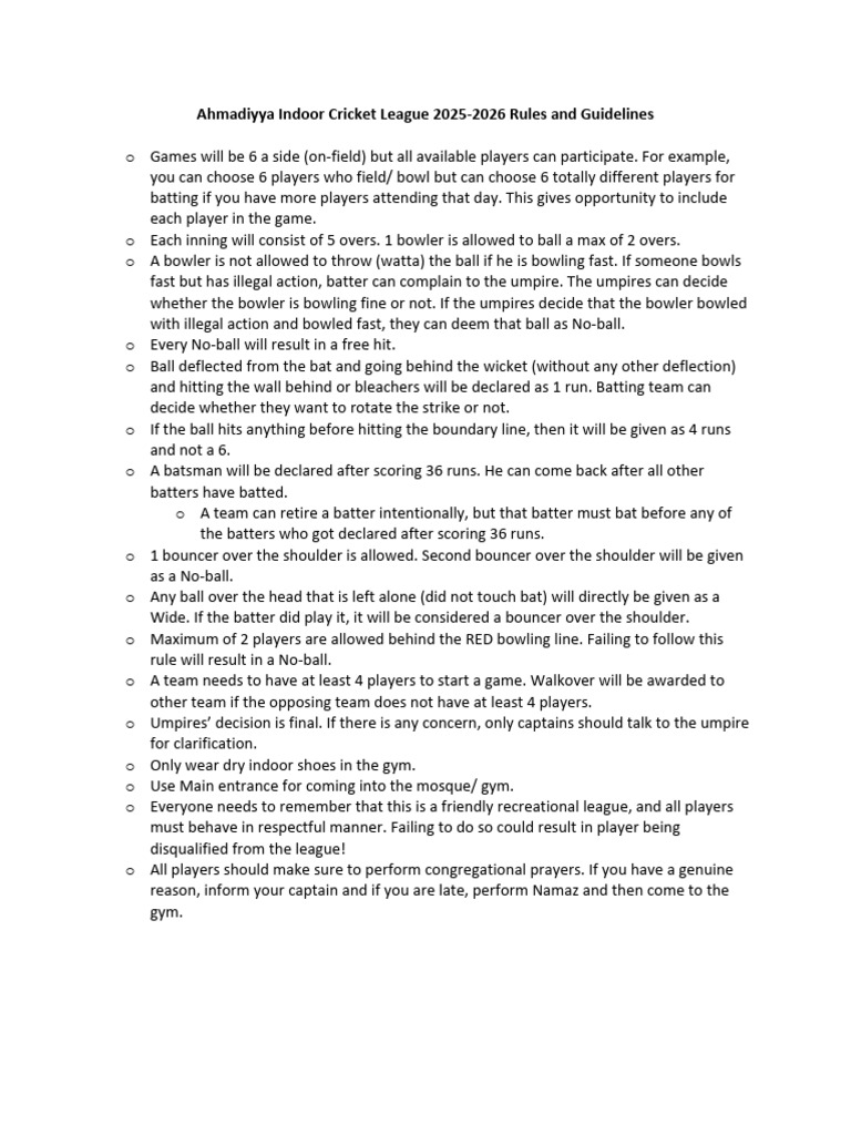 Ahmaidyya Indoor Cricket League 2025-2025 Rules | PDF | Bowling ...