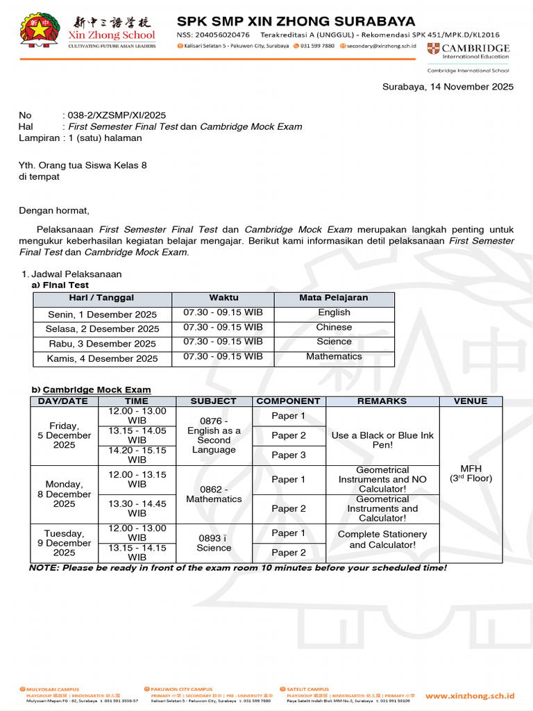 Final Test & Cambridge Exam Schedule | PDF | Mathematics