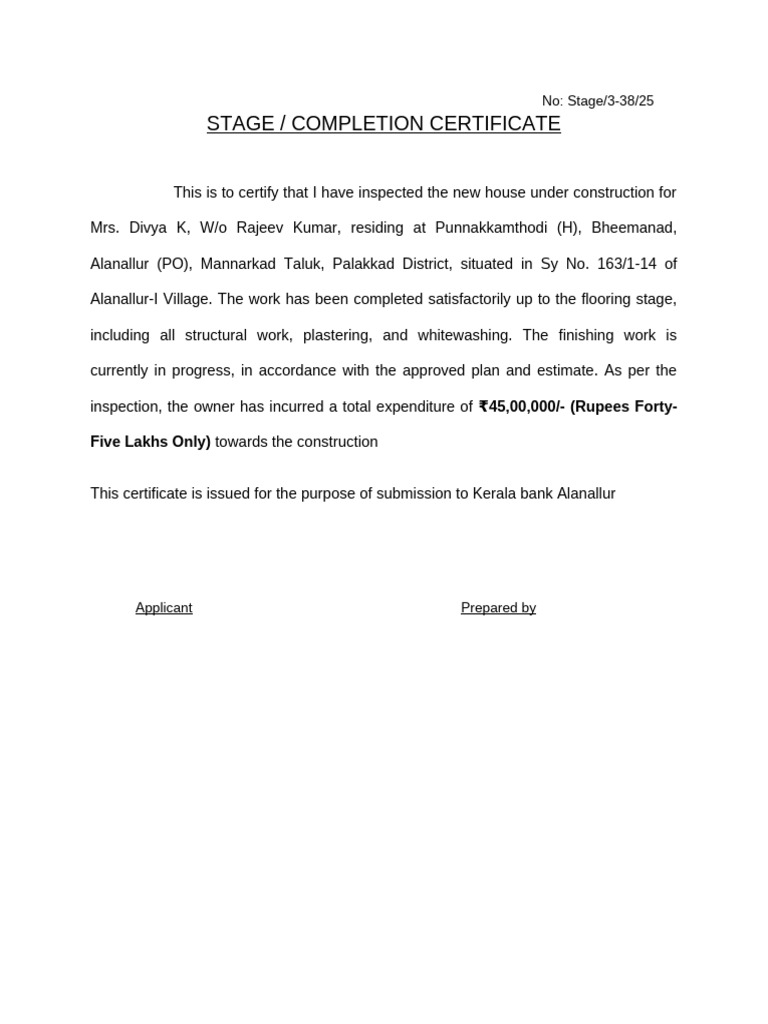 Completion Certificate for House Construction | PDF
