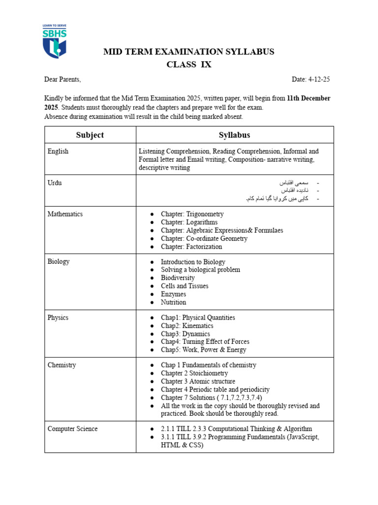 Class IX Mid Term Exam Syllabus 2025 | PDF