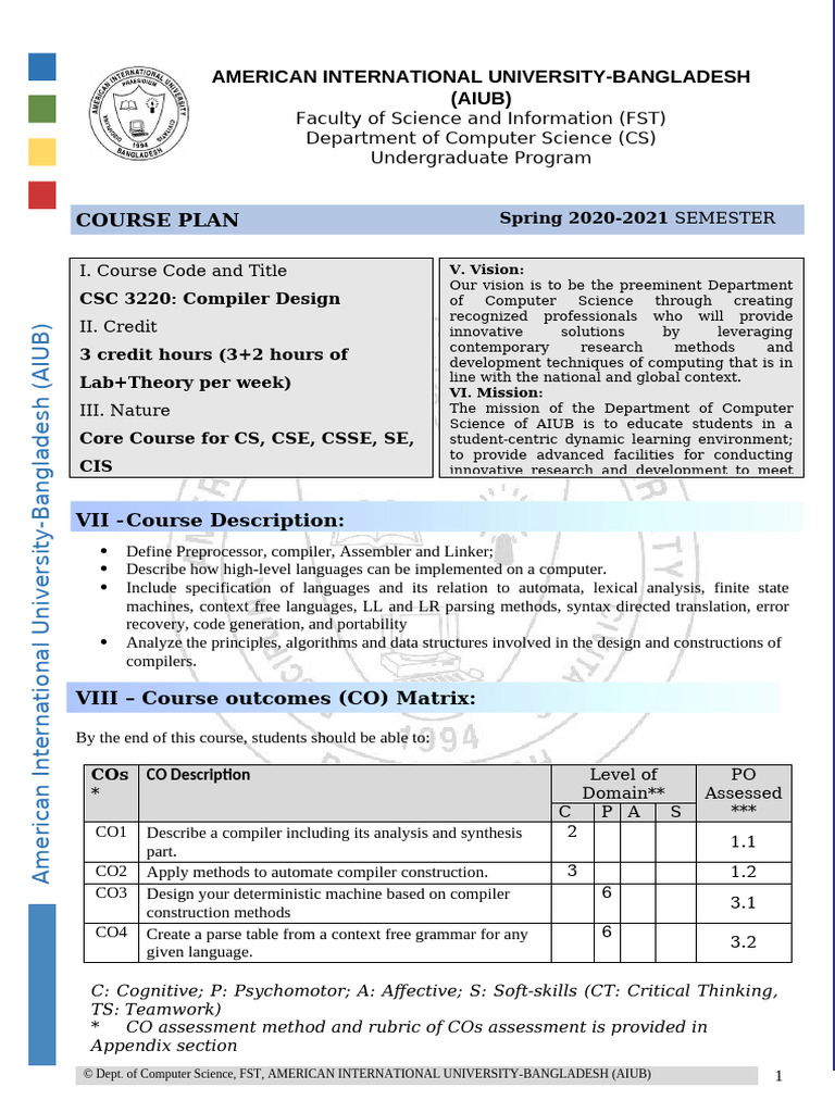 CSC 3220 Compiler Design - Course Outline - Updated | PDF | Parsing ...