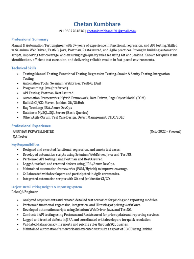 Chaitan - Kubhare Testing 3+resume.p | PDF | Software Testing ...