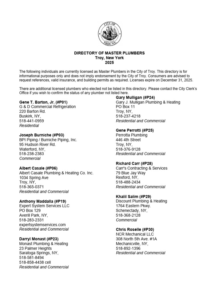 Troy NY Master Plumbers Directory 2025 | PDF | Mechanical Engineering ...