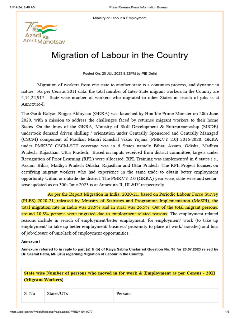 Migration of Labour in the Country | PDF | Government Of India