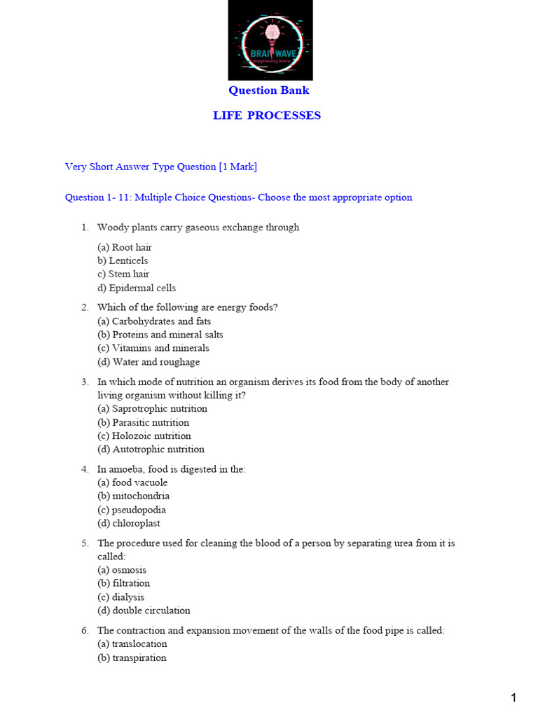 Life Processes Question Bank | PDF | Digestion | Lung