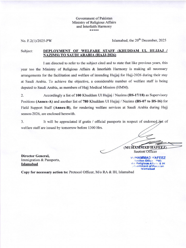 Hajj 2026 Welfare Staff Deployment Notice | PDF