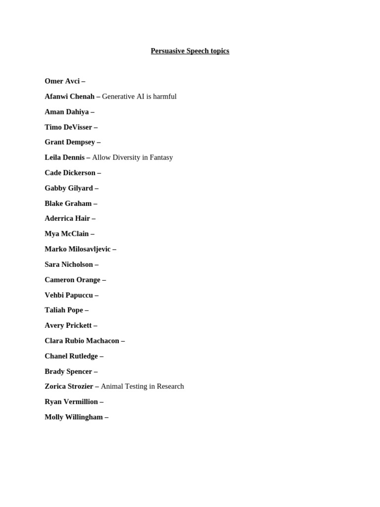 Persuasive Speech Topics List | PDF