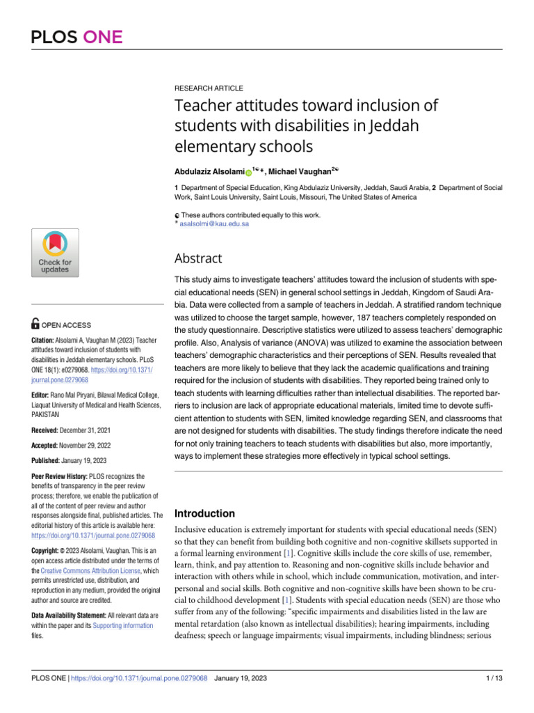 Teacher Attitudes on Inclusion in Jeddah | PDF | Inclusion (Education ...