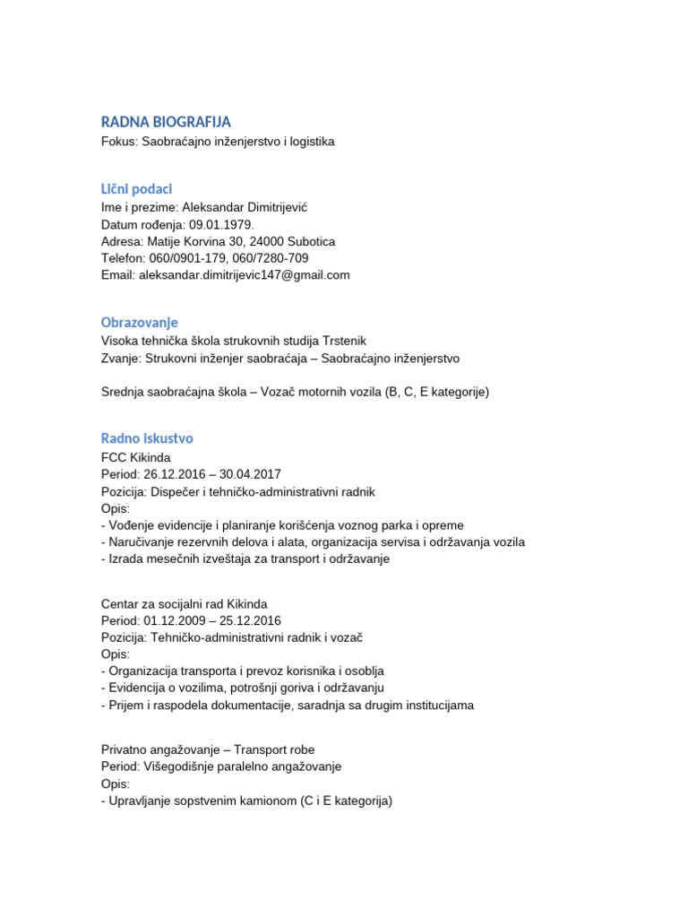 CV Aleksandar Dimitrijevic Saobracajni Inzenjer SR | PDF