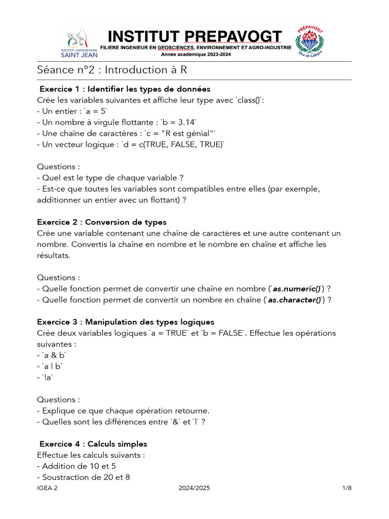 Introduction à R : Types et Opérations | PDF | Structure de contrôle ...