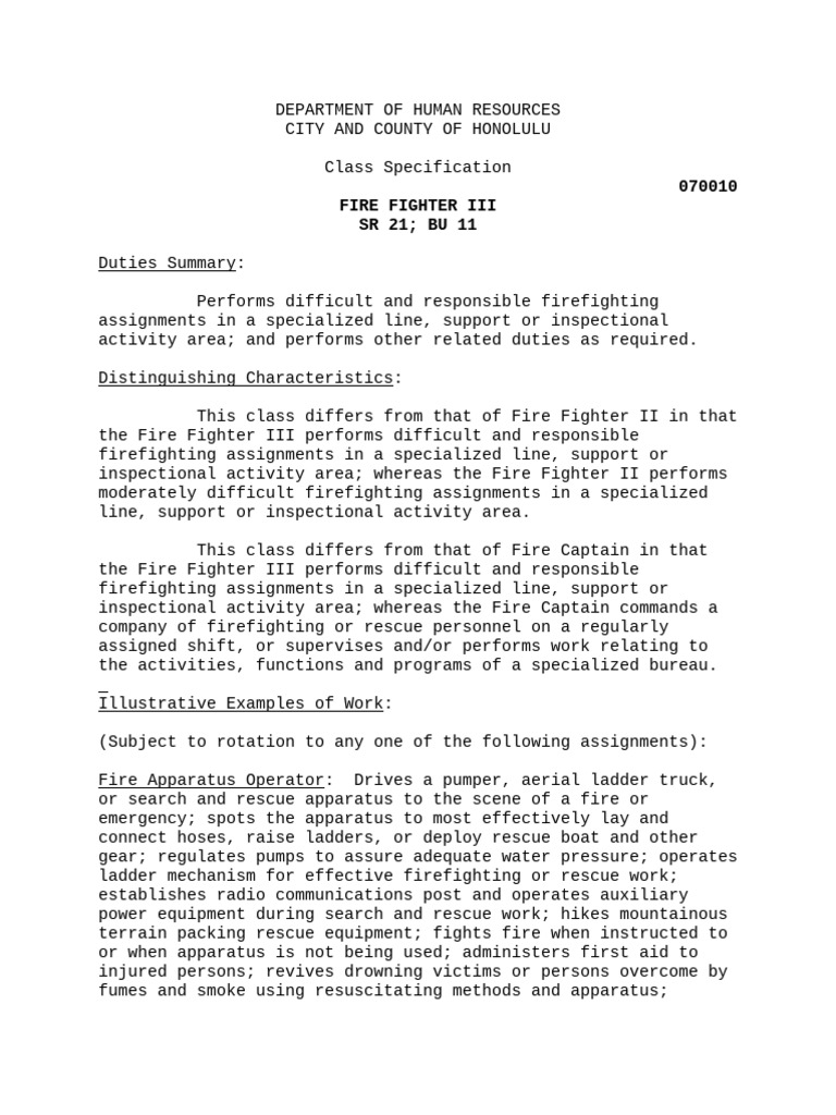 Fire Fighter III Class Specification | PDF