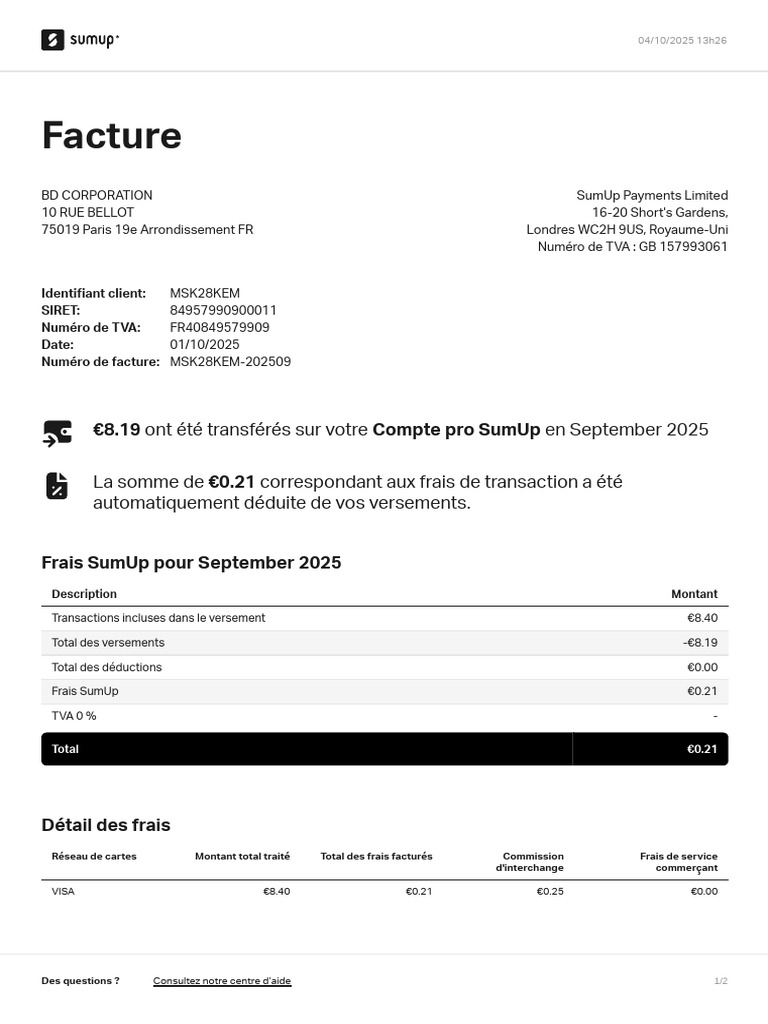 Facture SumUp de septembre 2025 | PDF | Secteurs du service | Services ...