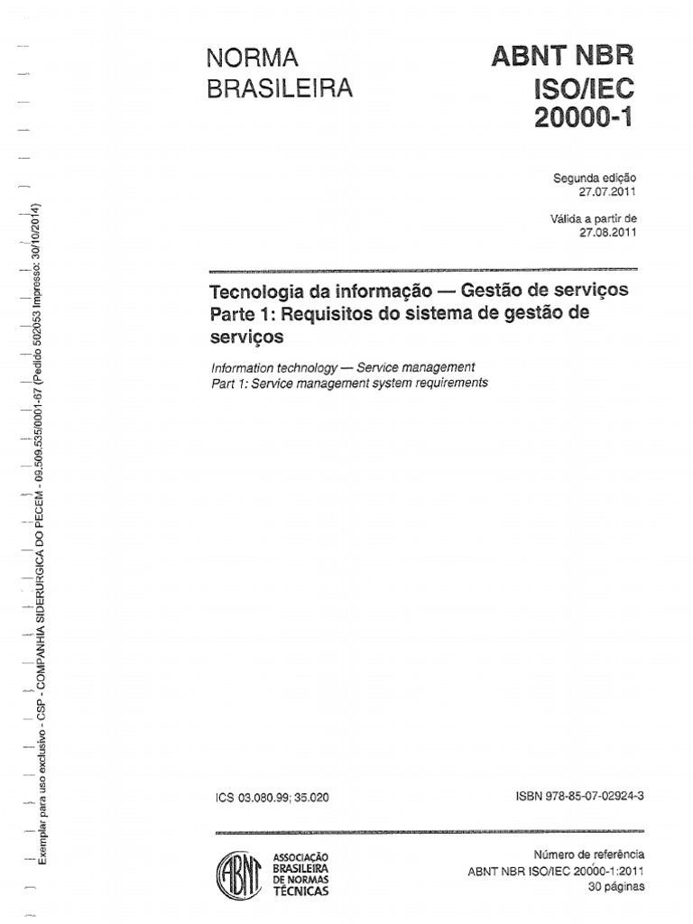 ABNT NBR ISO IEC 20000-1 - Tecnologia Da Informação - Gerenciamento de ...
