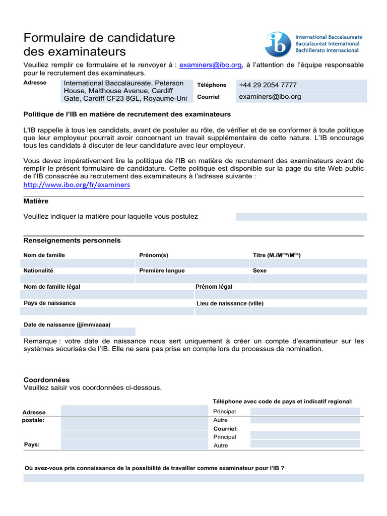 Formulaire de candidature examinateur IB | PDF | Conflit d'intérêt