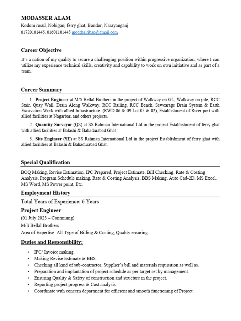 Civil Engineer Resume of Modasser Alam | PDF