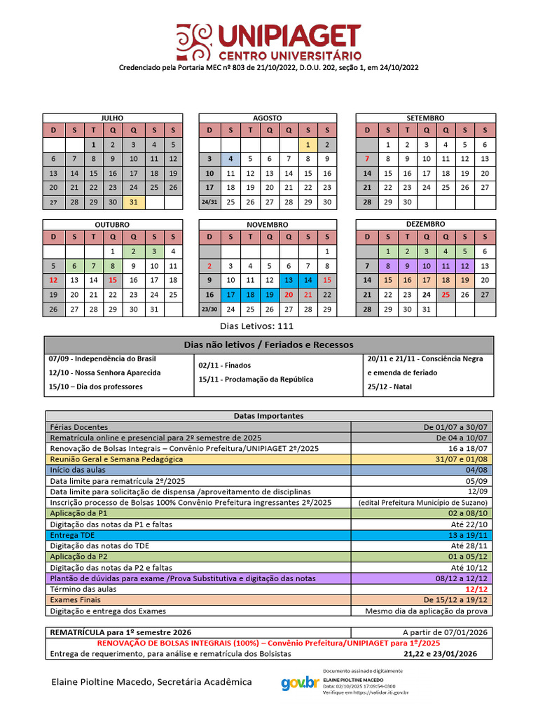 Calendário Acadêmico 2º Semestre 2025 | PDF