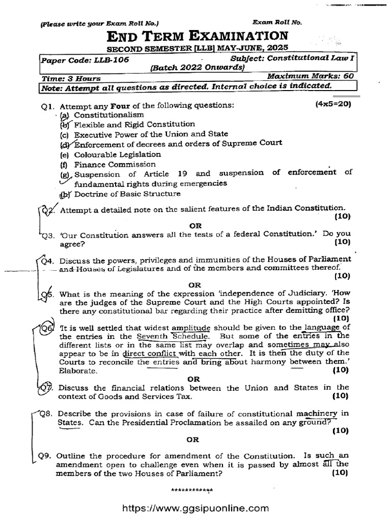 LLB 2 Sem Constitutional Law 1 LLB 106 Jun 2025 | PDF
