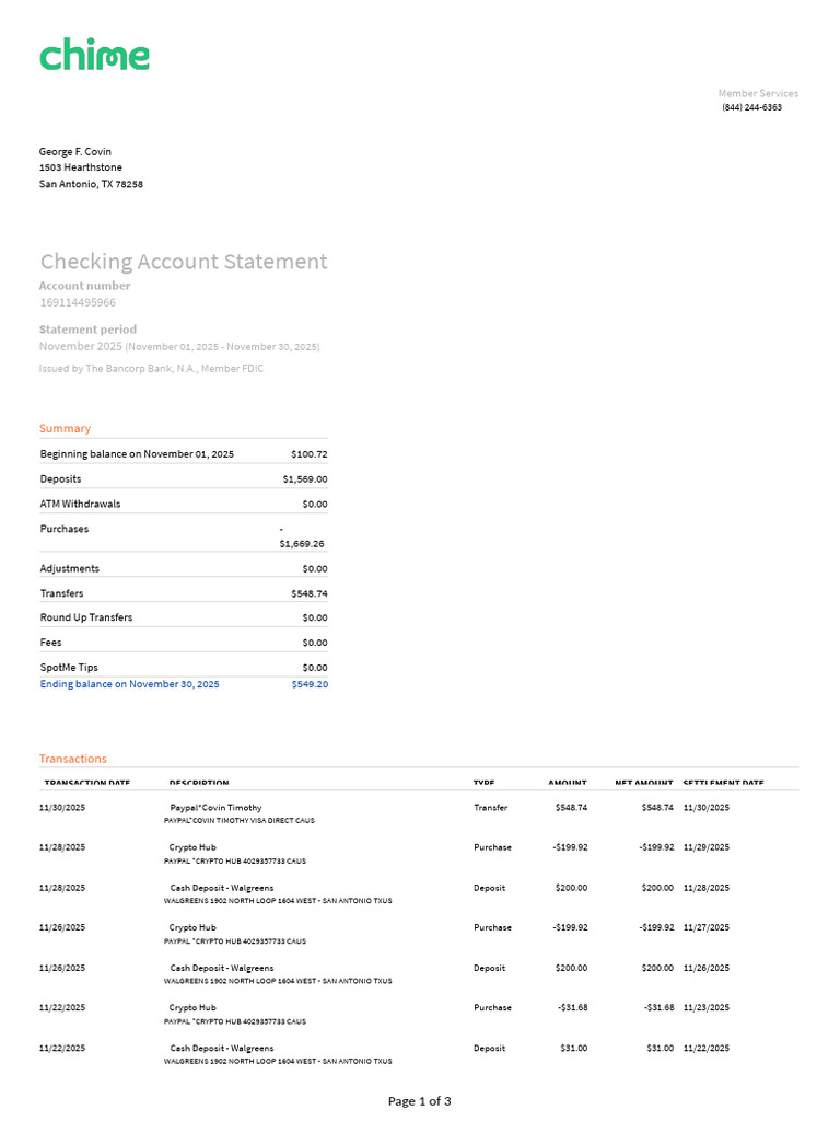 November 2025 Checking Statement Summary | PDF | Transaction Account ...