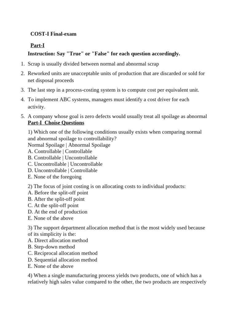 Cost Accounting Exam: True/False & Questions | PDF | Debits And Credits ...