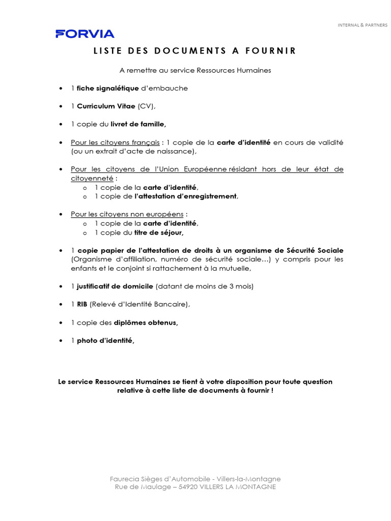Documents requis pour embauche chez Faurecia | PDF