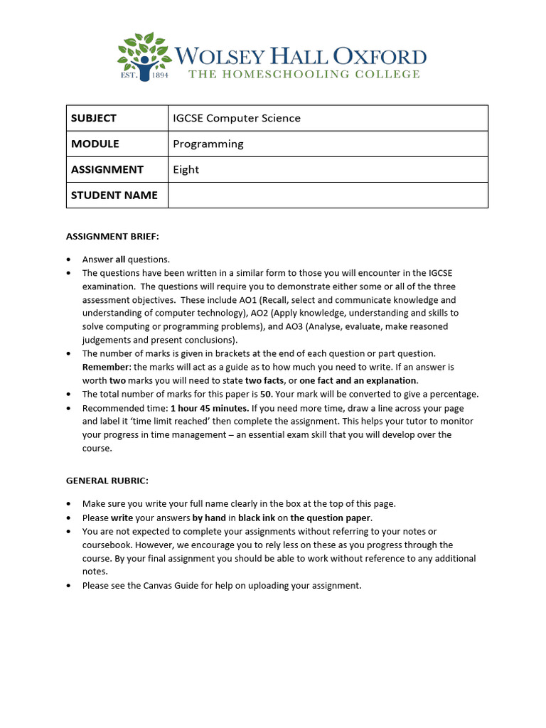 IGCSE Computer Science Assignment 08 | PDF | Control Flow | Computer ...