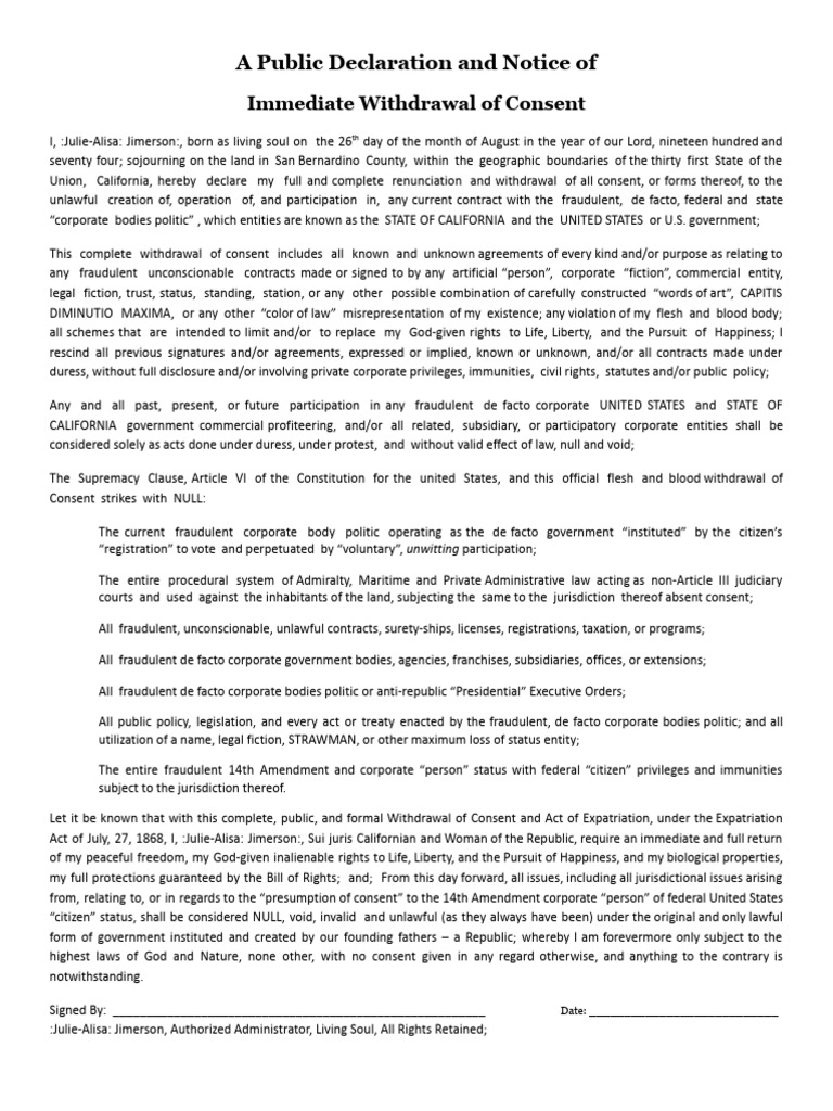 Withdrawal of Consent Declaration | PDF | Common Law | Legal Documents