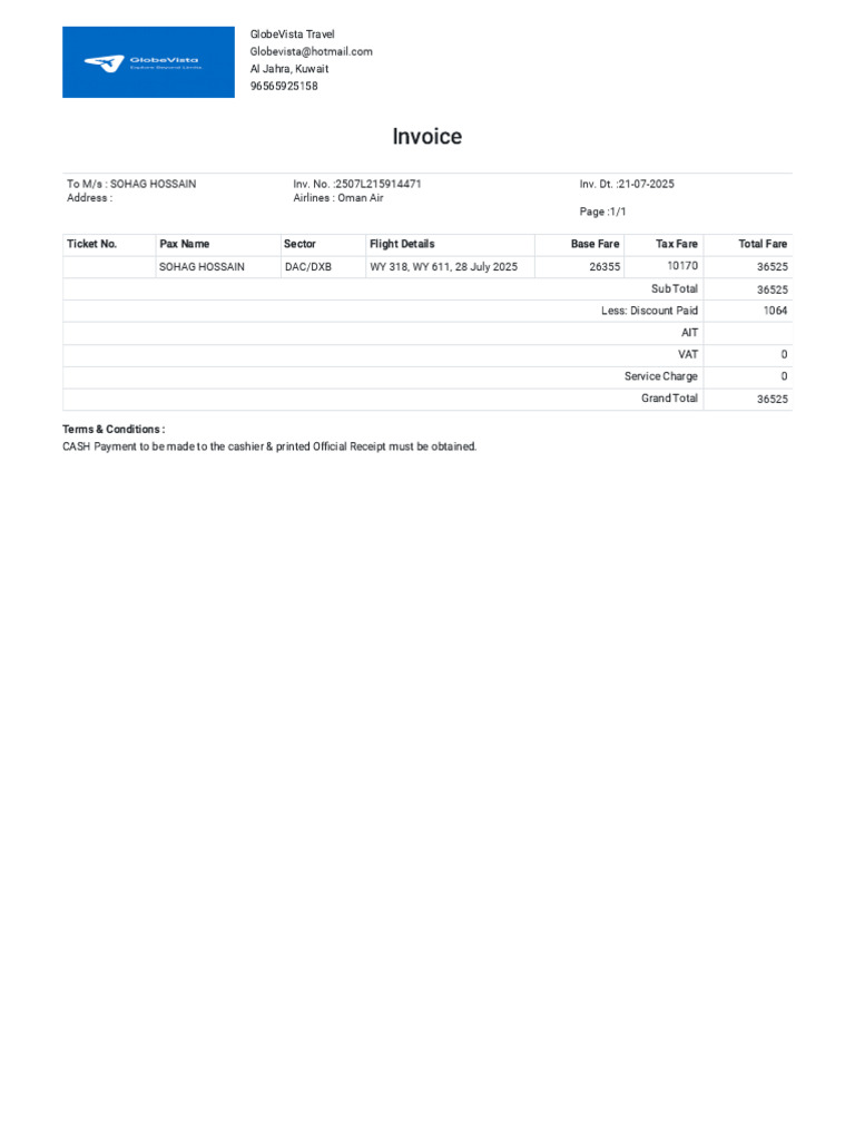 Oman Air Invoice for Sohag Hossain | PDF