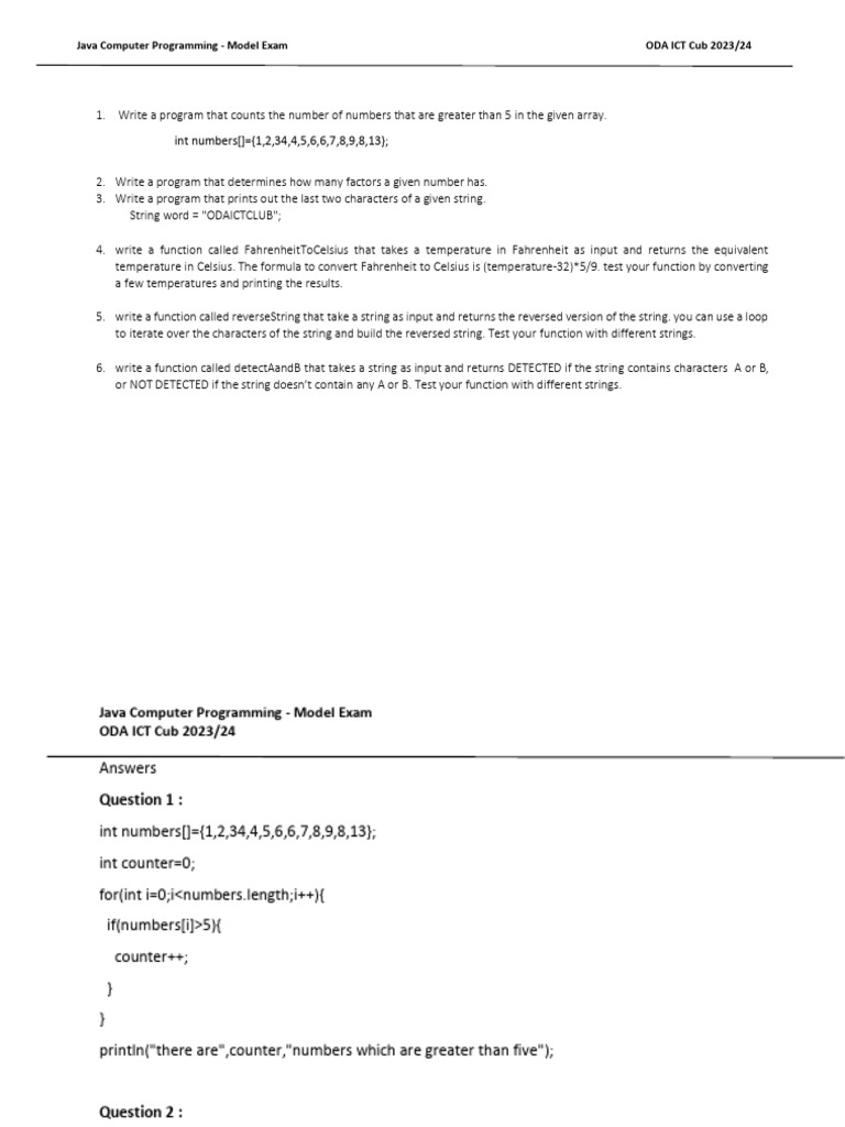 Java Programming Model Exam Questions | PDF | String (Computer Science ...