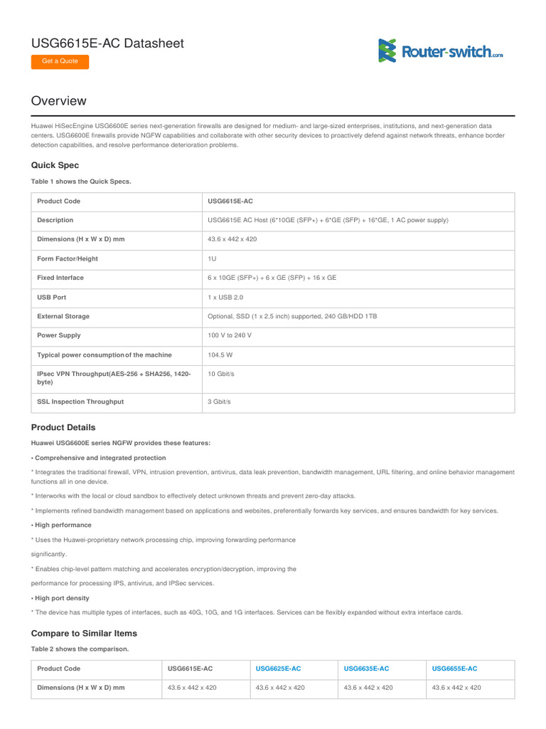 Huawei USG6615E-AC Firewall Datasheet | PDF | Firewall (Computing ...