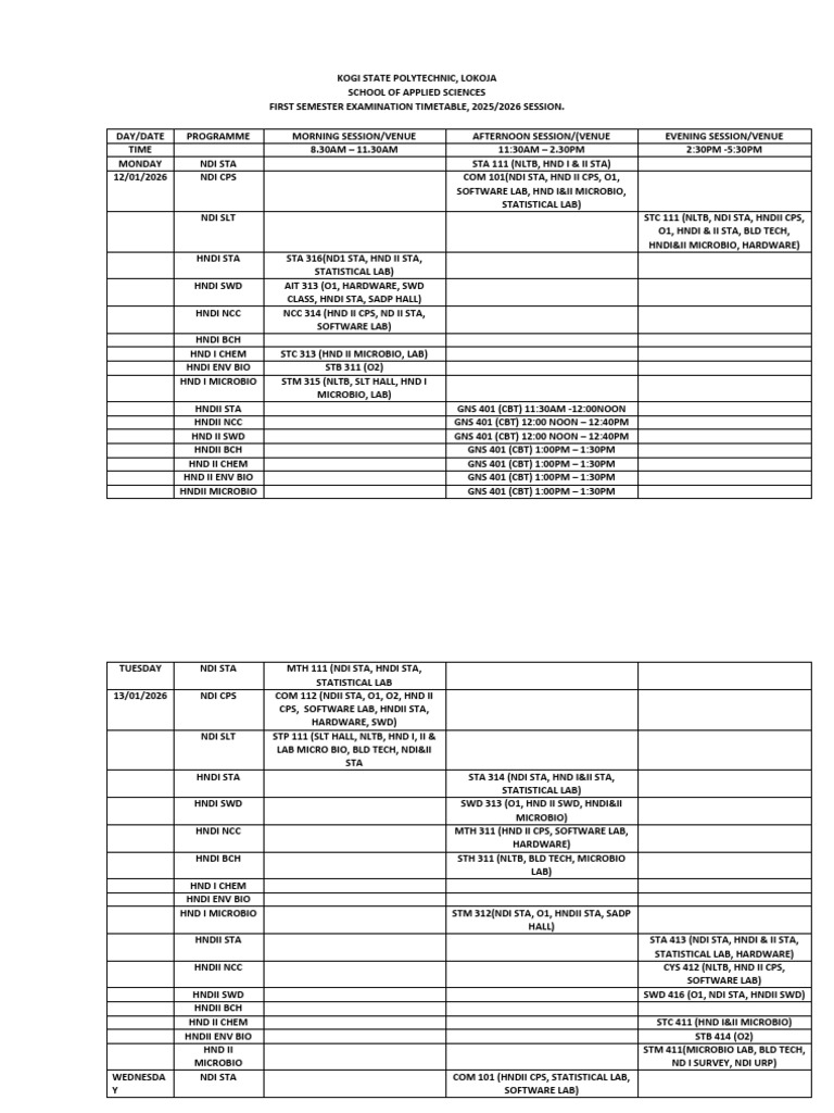 First Semester Exam_timetable 2025_2026 Updated | PDF