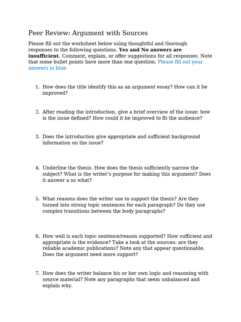 Peer Review Guide for Argument Essays | PDF | Argument | Essays