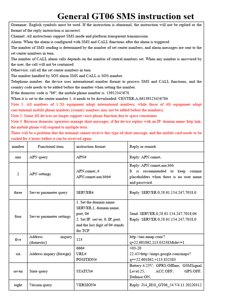 GT06 SMS Instruction Set Guide | PDF | Telephone | Mobile Phones