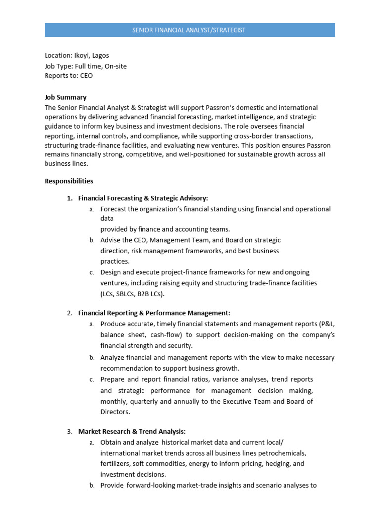 Job Description for Snr. Financial Analyst & Strategist | PDF ...