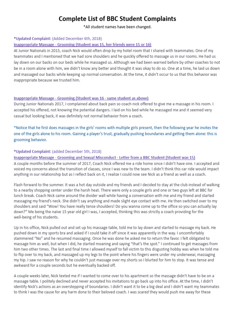 BBC Student Complaints on Coach Misconduct | PDF | Harassment | Injustice