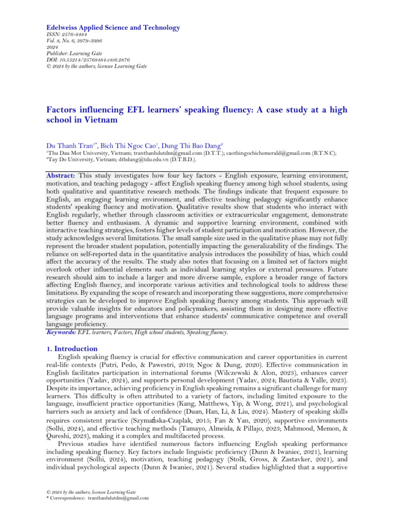 Factors Affecting EFL Speaking Fluency | PDF | Fluency | Learning