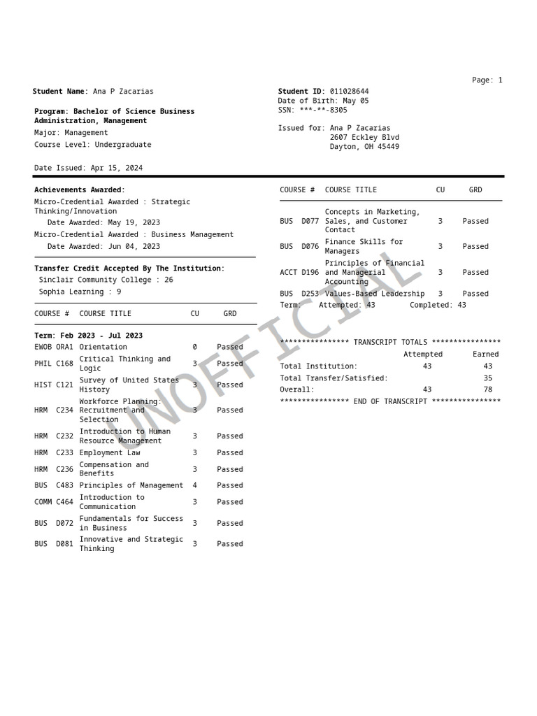 WGU Academic Transcript for Ana Zacarias | PDF