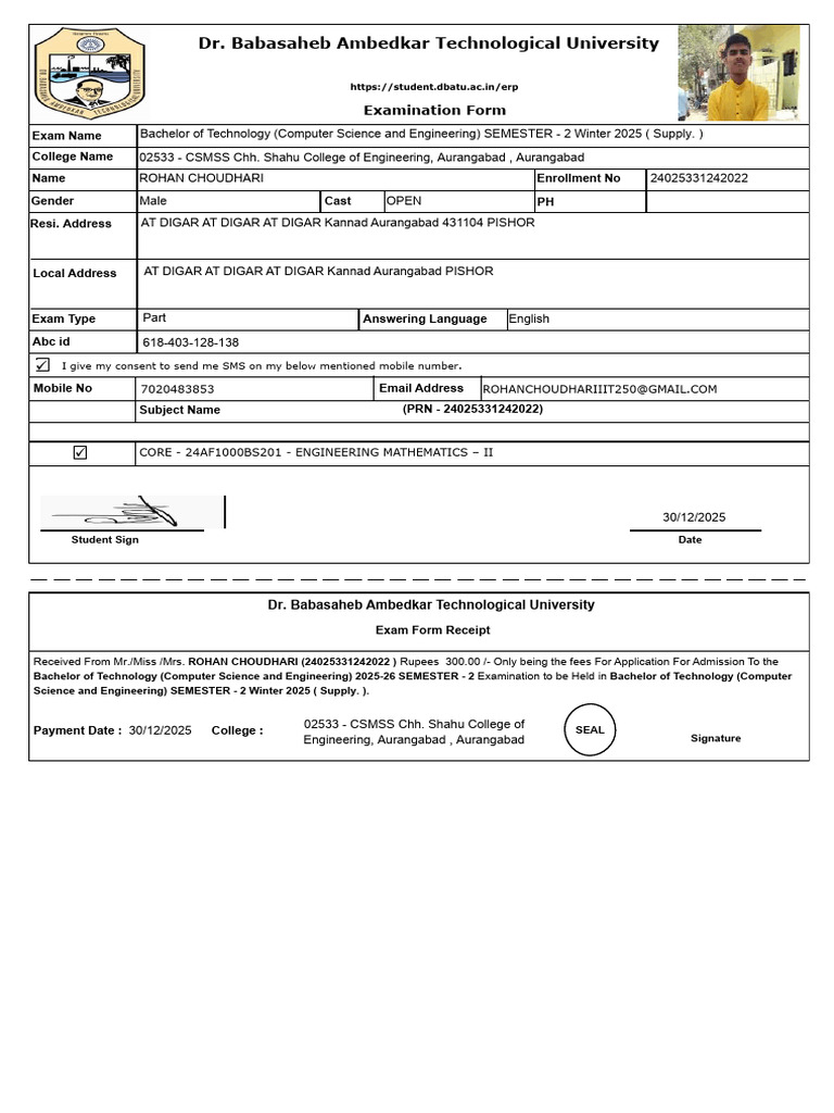 B.Tech Exam Form Receipt - Winter 2025 | PDF