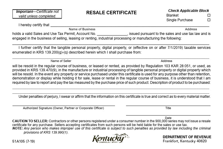 Kentucky Resale Certificate Form | PDF | Use Tax | United States Law