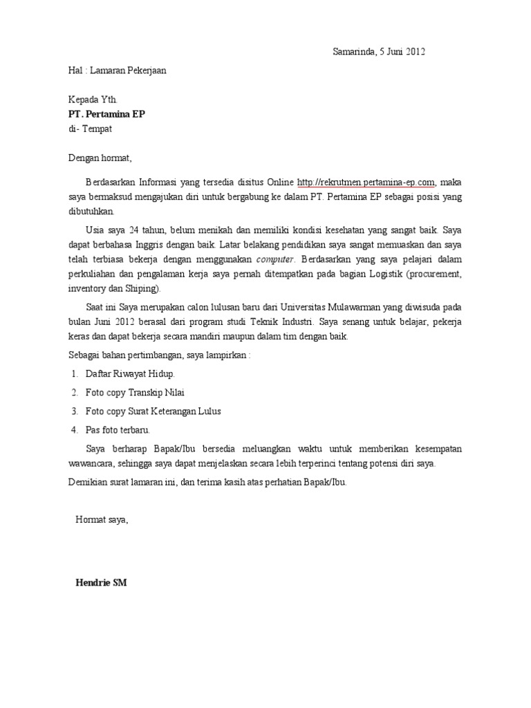 Contoh Lamaran Pertamina Hendrie