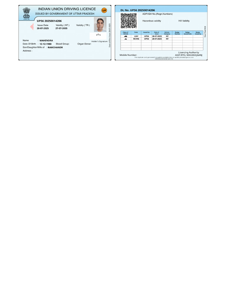 UP5620250014206 Driving License PDF | PDF