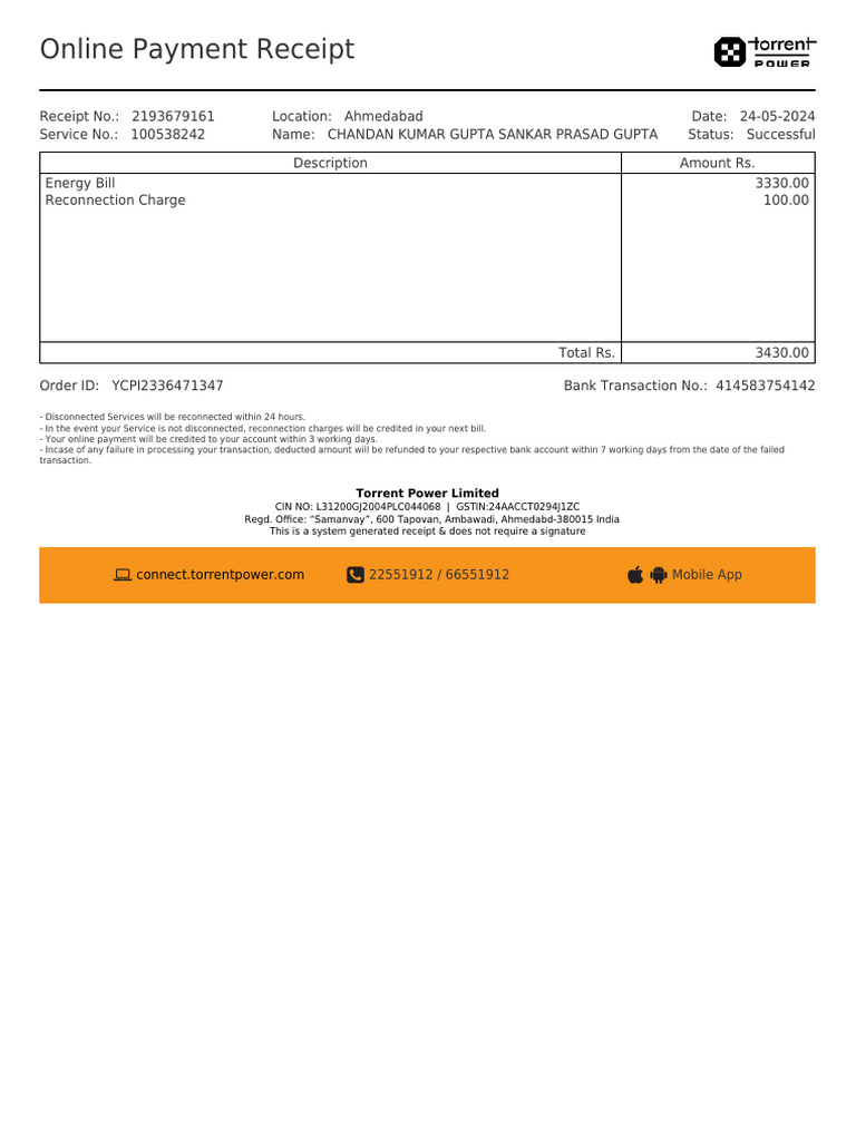 Online Payment Receipt for Energy Bill | PDF