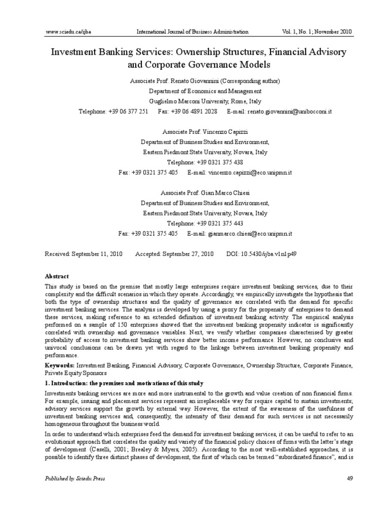 Investment Banking Services: Ownership Structures, Financial Advisory ...