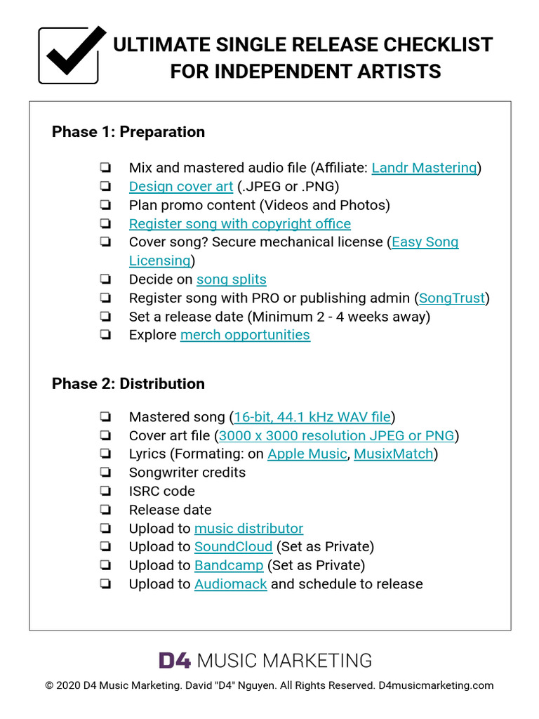 Single Release Checklists Digital by D4 Music Marketing | PDF | Spotify ...