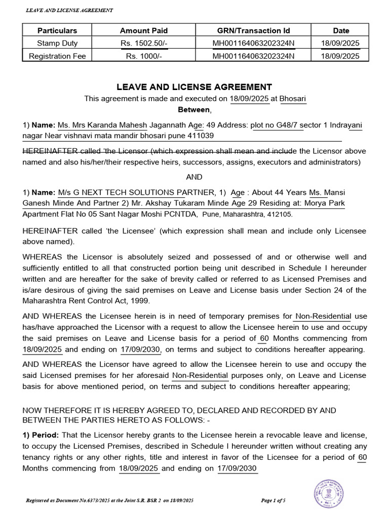 Leave and License Agreement: Particulars Amount Paid GRN/Transaction Id ...