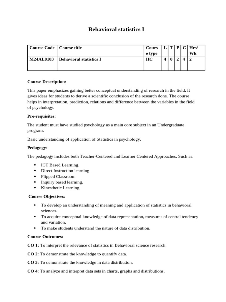 Behavioral Statistics I Course Overview | PDF | Statistics | Data