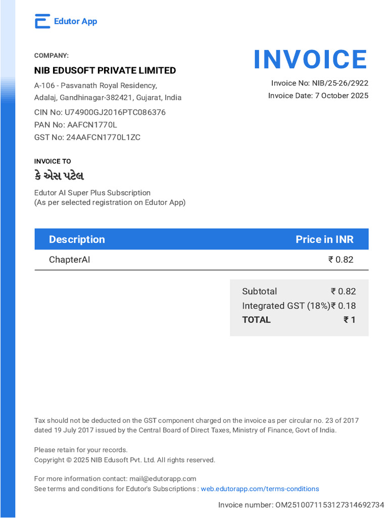 Invoice - CHAPTERAI1759818185722 - 2025 10 07 - 11 58 21 | PDF