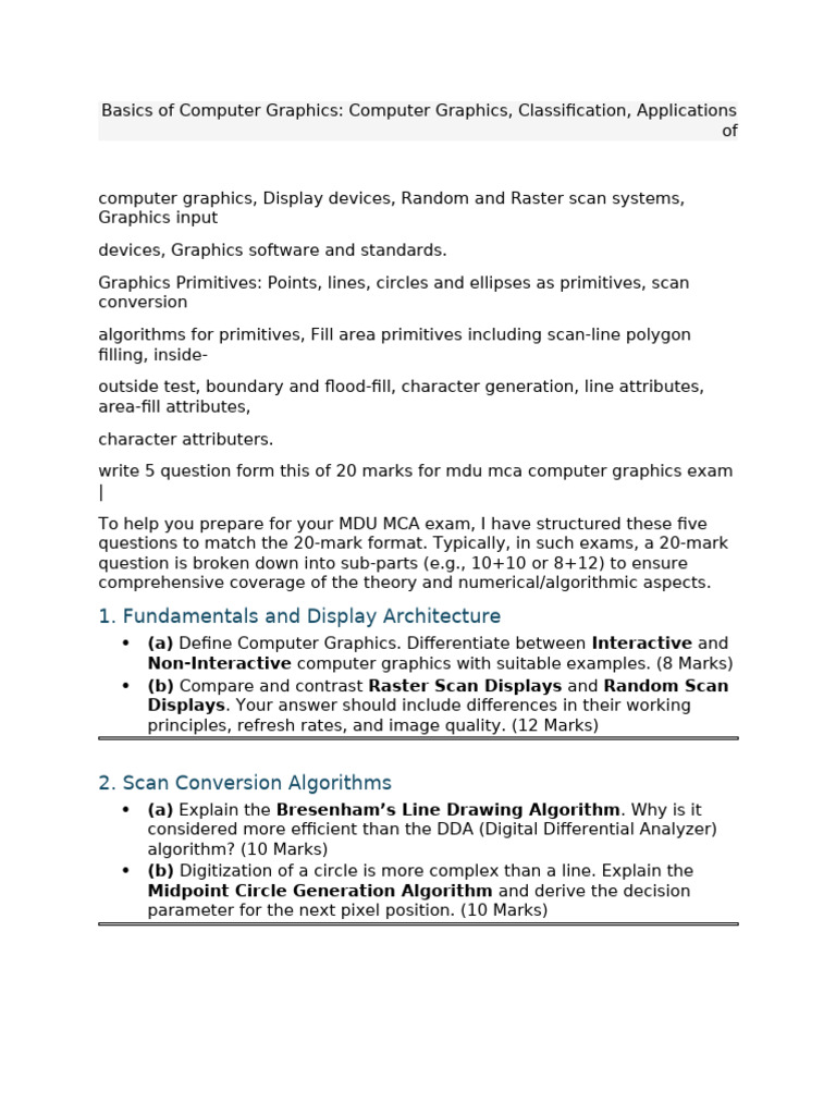Computer Graphics Exam Preparation Questions | PDF | Computer Graphics ...