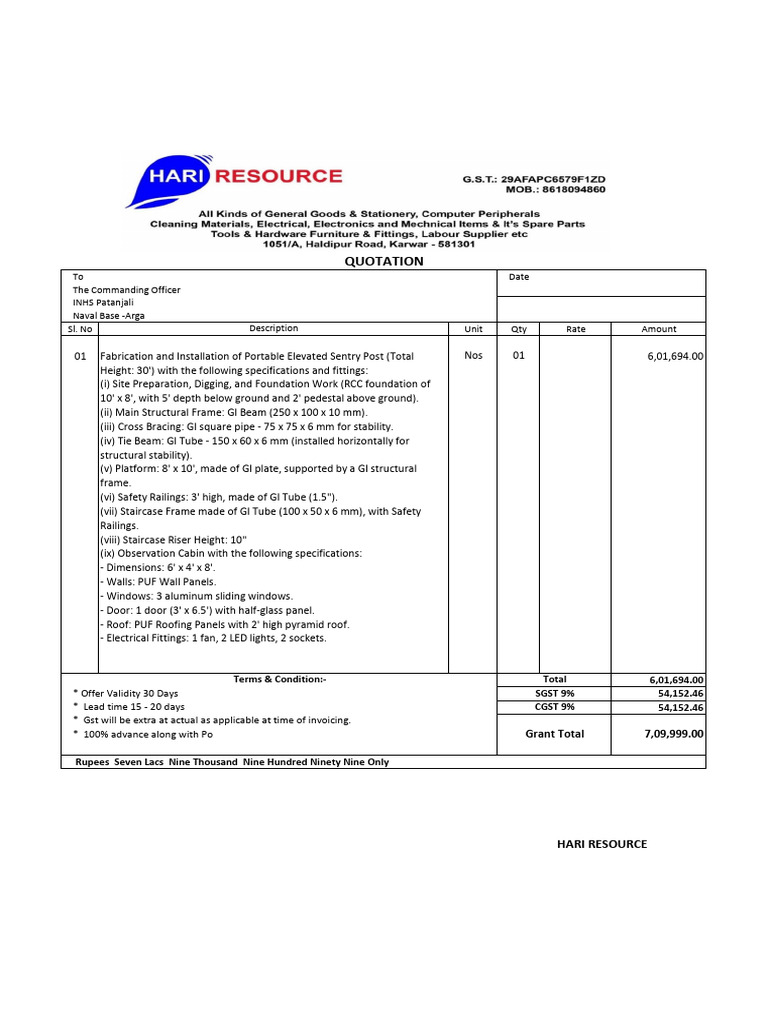 Quotation: To Date The Commanding Officer INHS Patanjali Naval Base ...
