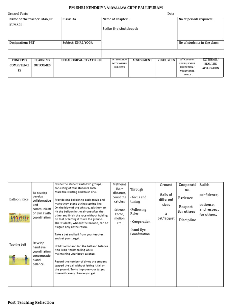 Khel Yoga Lesson Plan for Class 3A | PDF | Teachers | Cognition
