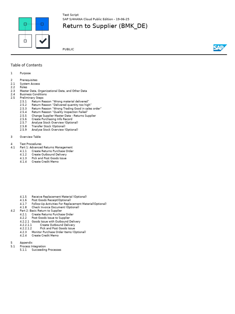 SAP S/4HANA Supplier Return Test Script | PDF | Accounts Payable | Invoice